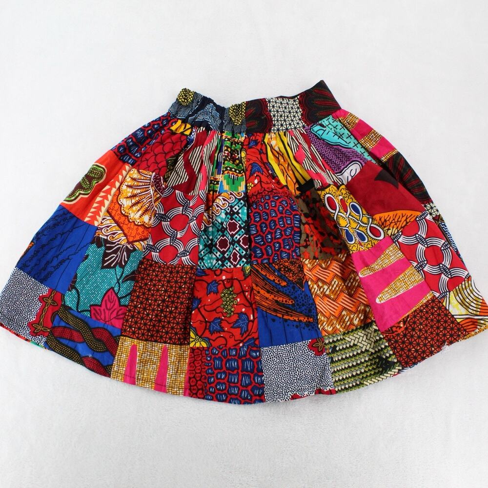 Grass-Fields Patchwork African Print Skater Skirt Size 8 Colorful Wax Print